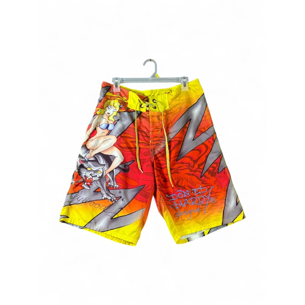 Ed Hardy Men Yellow Orange Tattoo Graphic Board Shorts Swim Trunks Size 32 Y2K